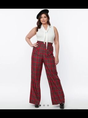 Unique Vintage | Red Plaid Wide-Leg High-Waist Pants